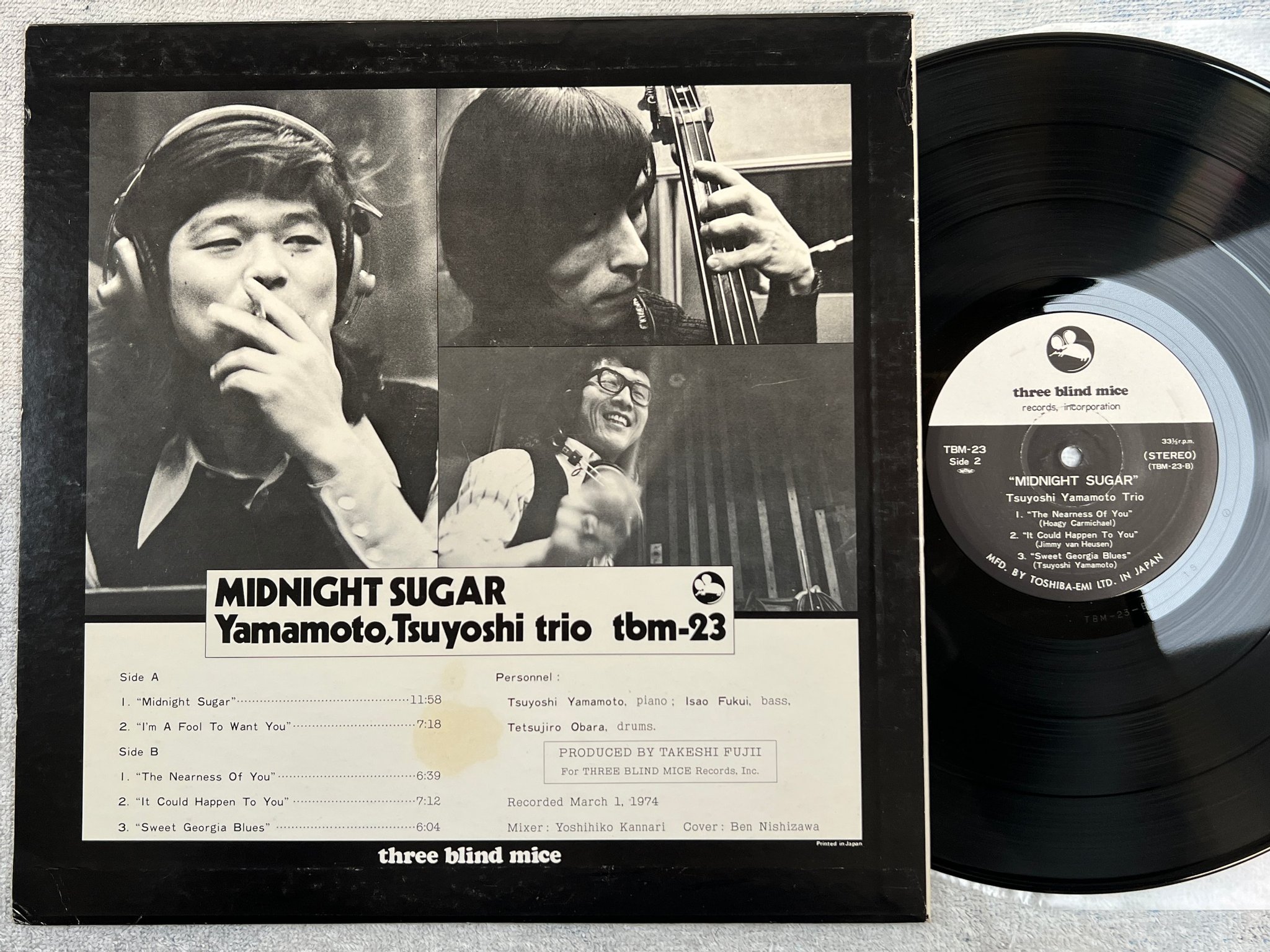 Omslagsbild för skivan YAMAMOTO TSUYOSHI TRIO midnight sugar LP -74 Japan THREE BLIND MICE TBM-23 rare 