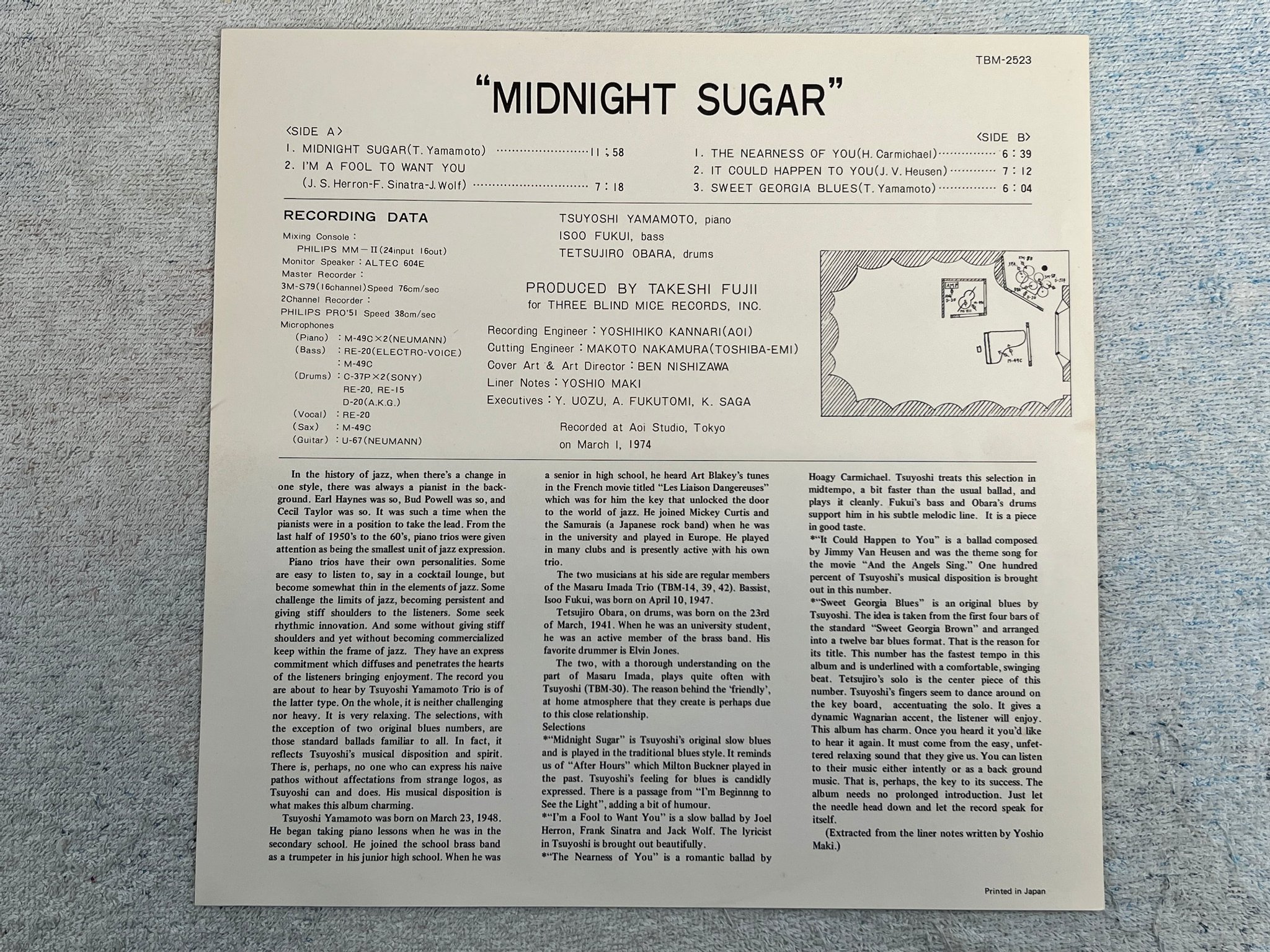 Omslagsbild för skivan TSUYOSHI YAMAMOTO TRIO midnight sugar LP -74 Japan THREE BLIND MICE TBM-23