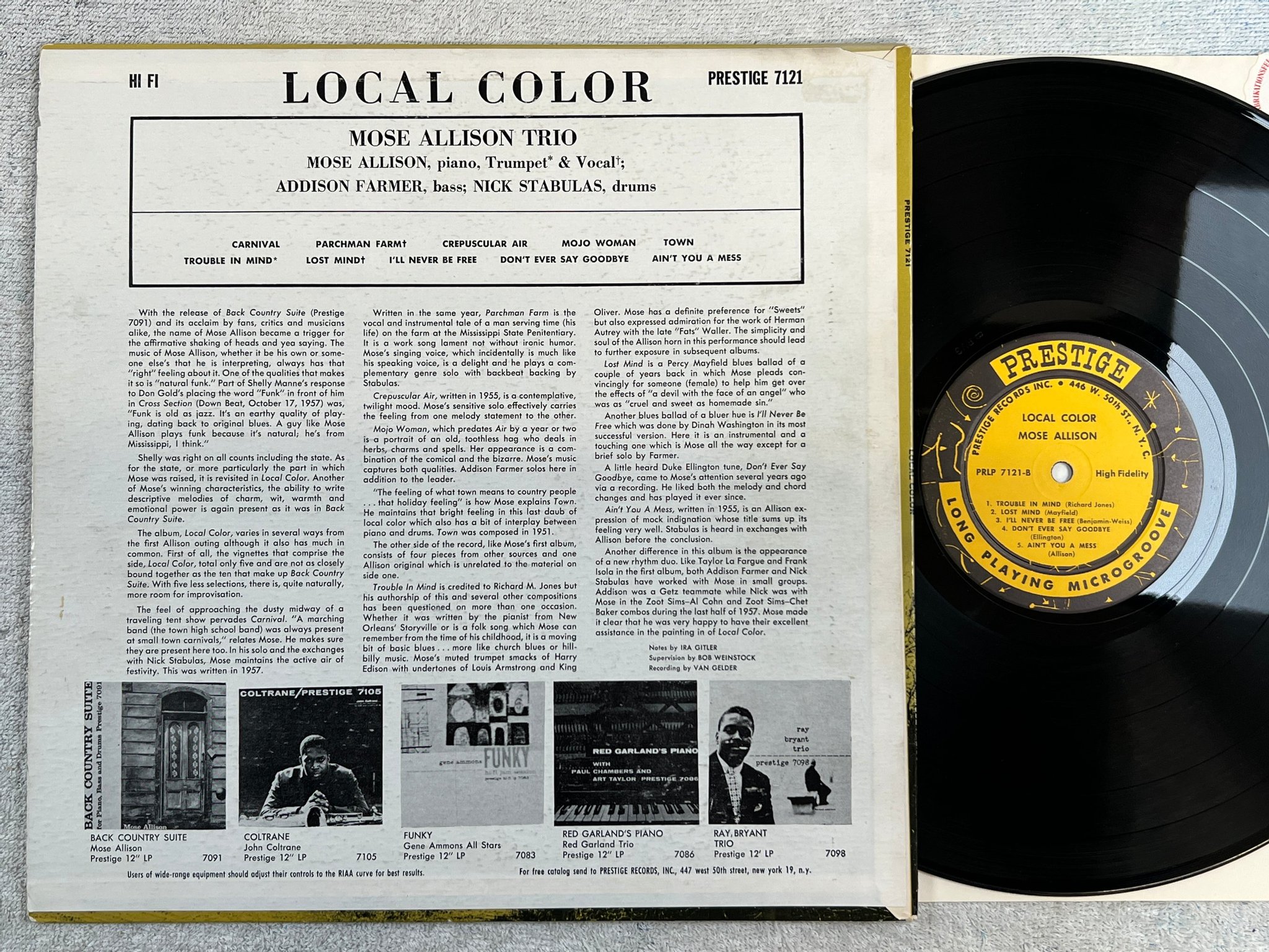 Omslagsbild för skivan MOSE ALLISON local color LP -58 US PRESTIGE PRLP 7121 446 W. 50th St NYC adress