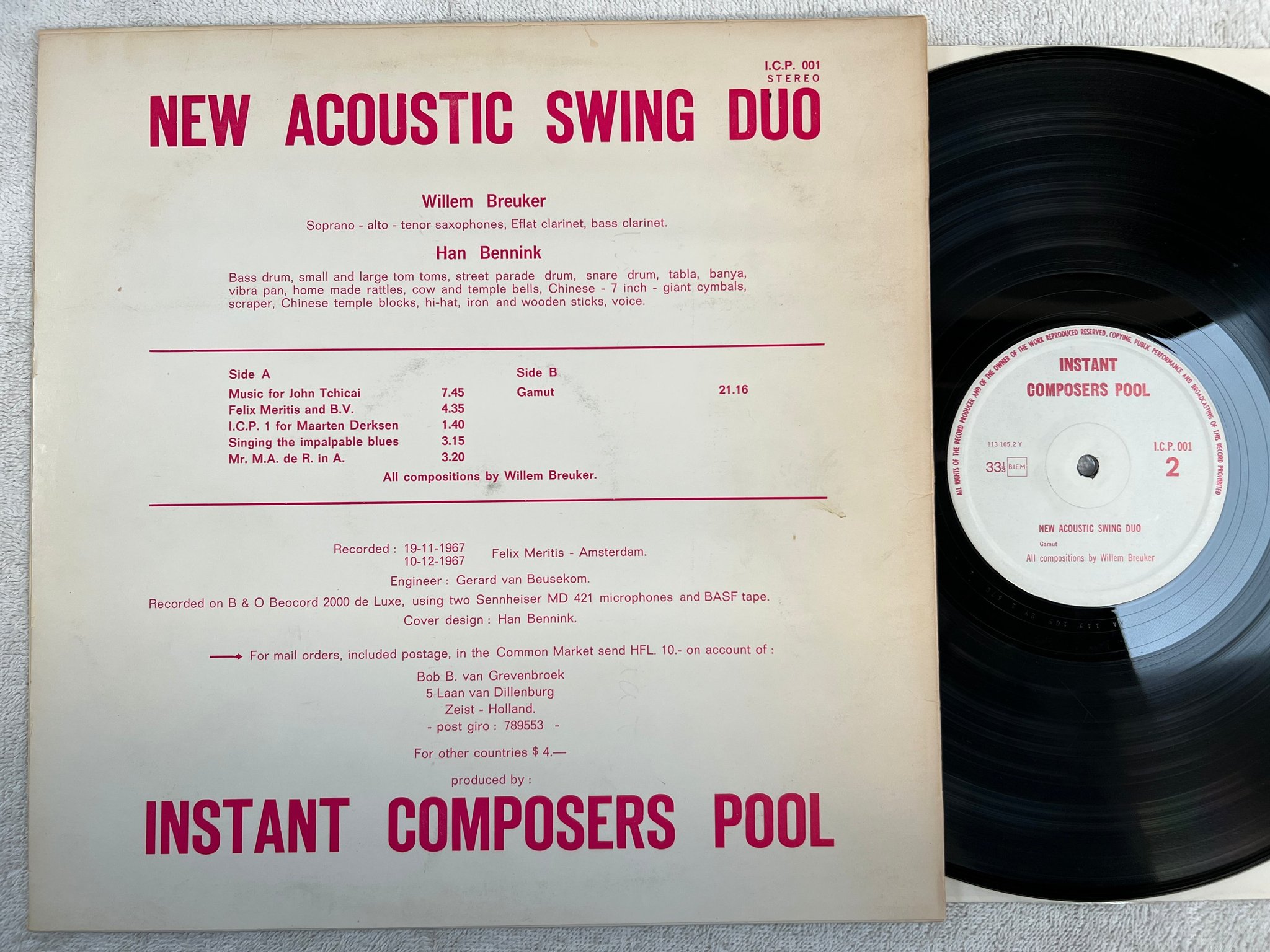 Omslagsbild för skivan HAN BENNINK / WILLEM BREUKER New Acoustic Swing Duo LP -67 Hol ICP 001 ** mega r