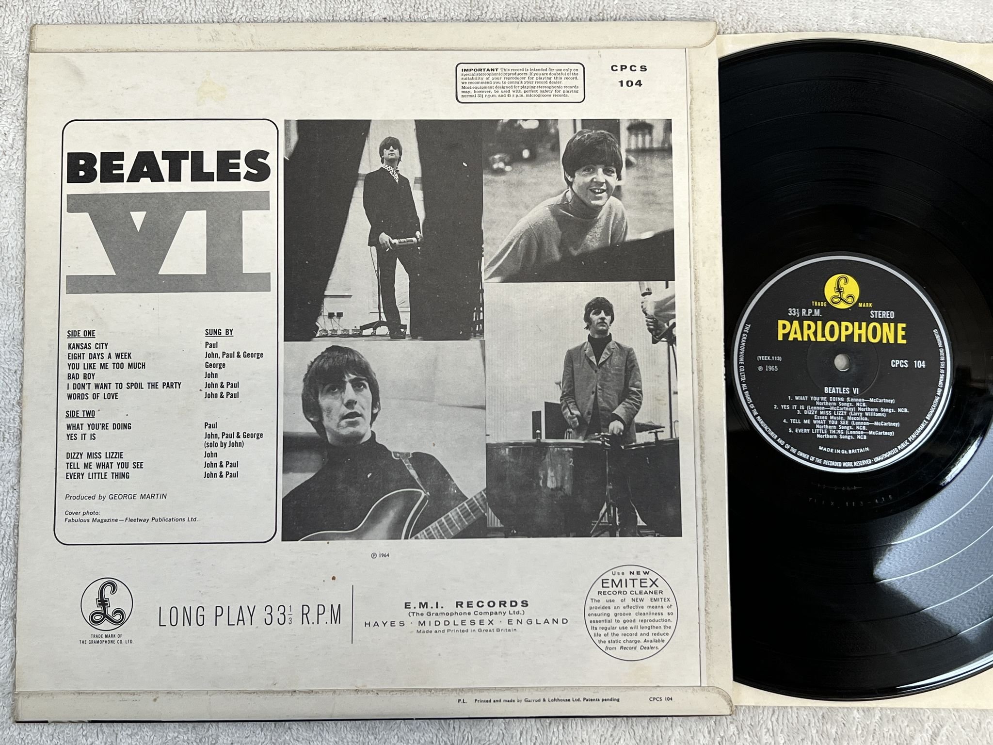 Omslagsbild för skivan THE BEATLES VI LP -66 UK PARLOPHONE CPCS 104 *** MEGA RARE EXPORT PRESSING ***