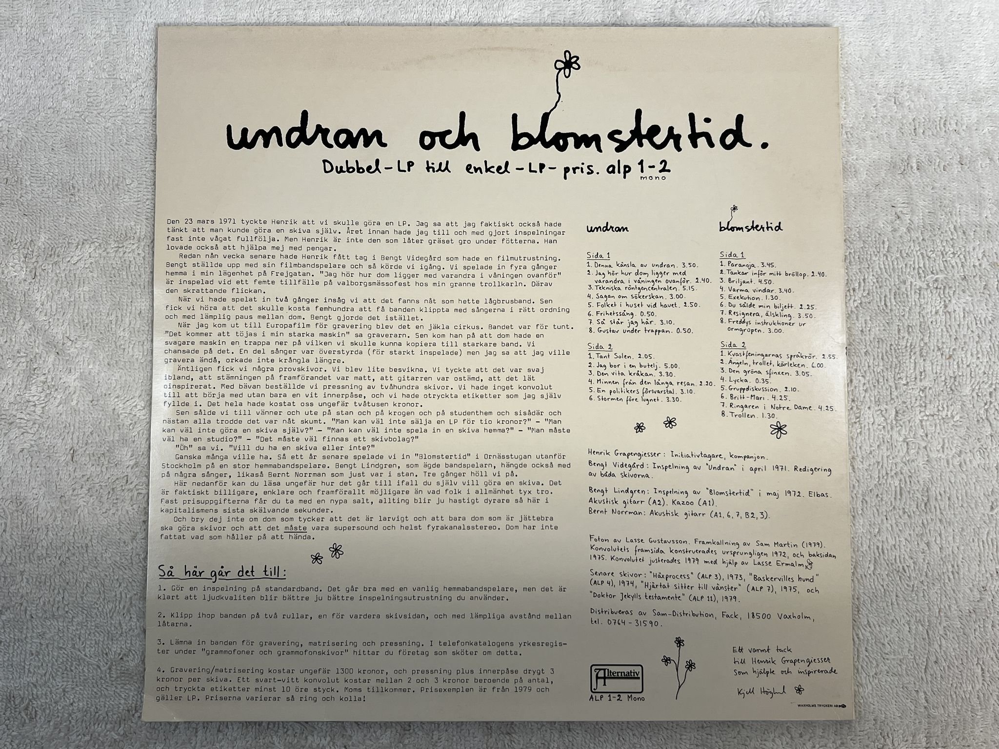 Omslagsbild för skivan KJELL HÖGLUND Undran Och Blomstertid 2xLP -75 Swe ALTERNATIV ALP 1-2 ** KULT **