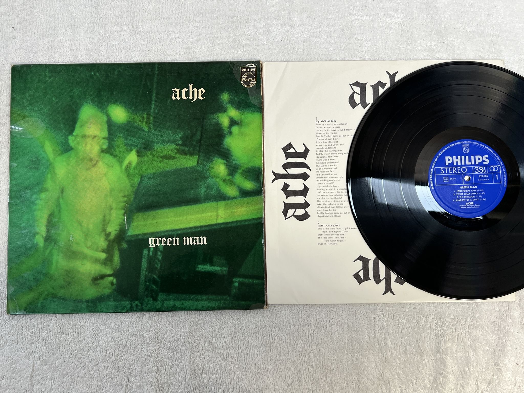 Omslagsbild för skivan ACHE green man LP -71 Den PHILIPS 6318 005 *** RARE DANISH PSYCH ***