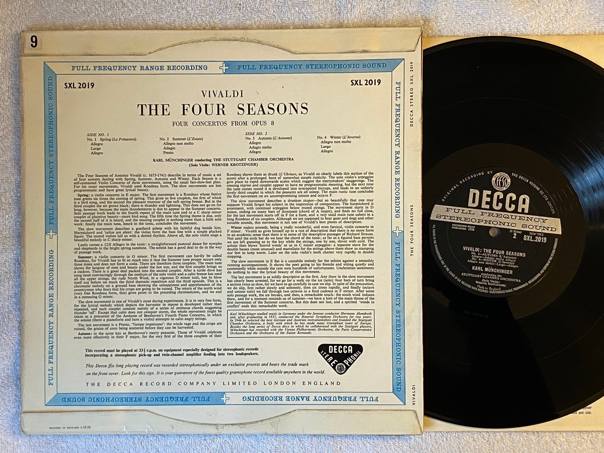 Omslagsbild för skivan MUNCHINGER Vivaldi: the four seasons LP -58 DECCA SXL 2019 1st Ed Blue Back