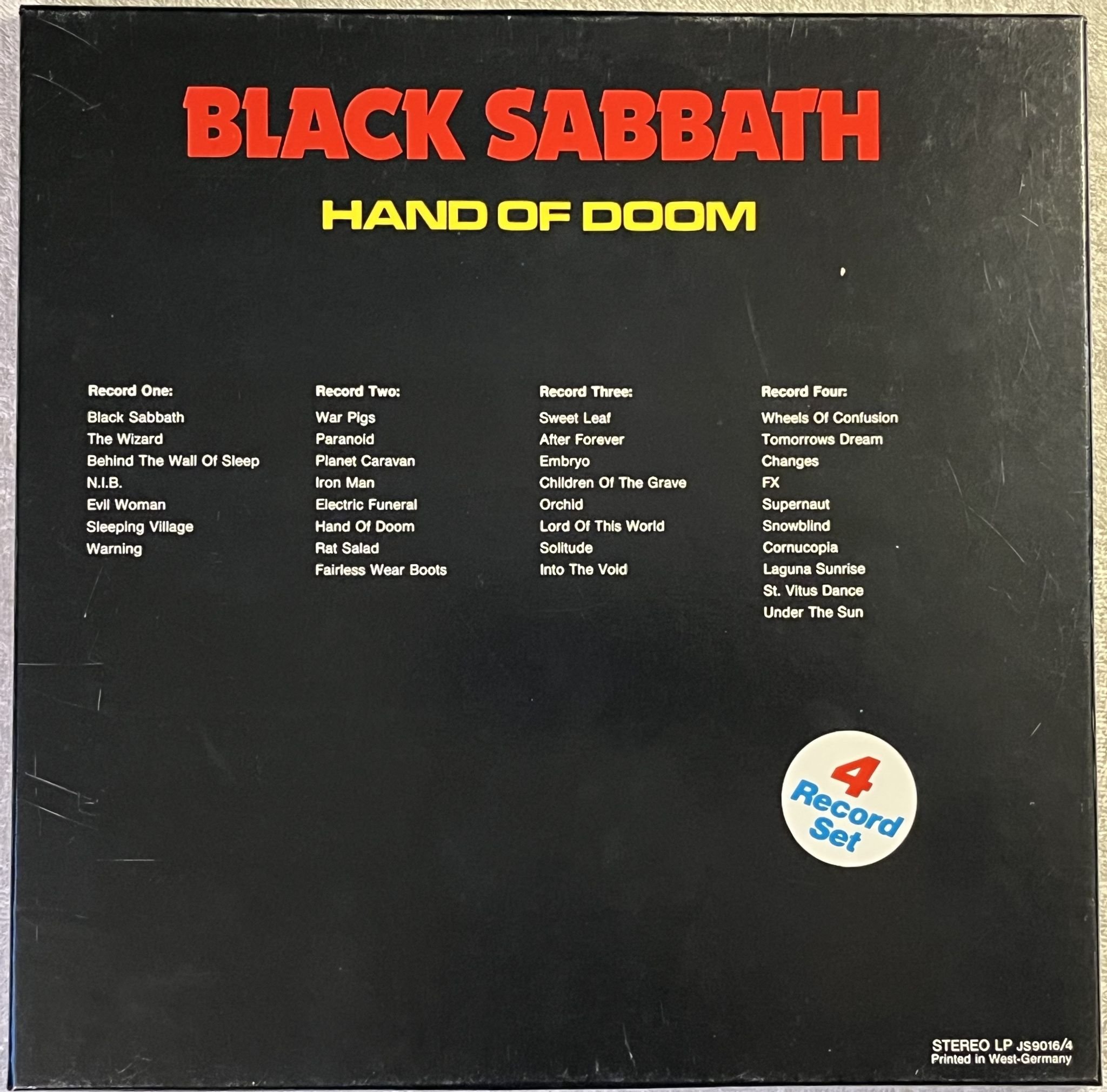 Omslagsbild för skivan BLACK SABBATH hand of doom 4xLP box set -84 Victoria JS 9016/4