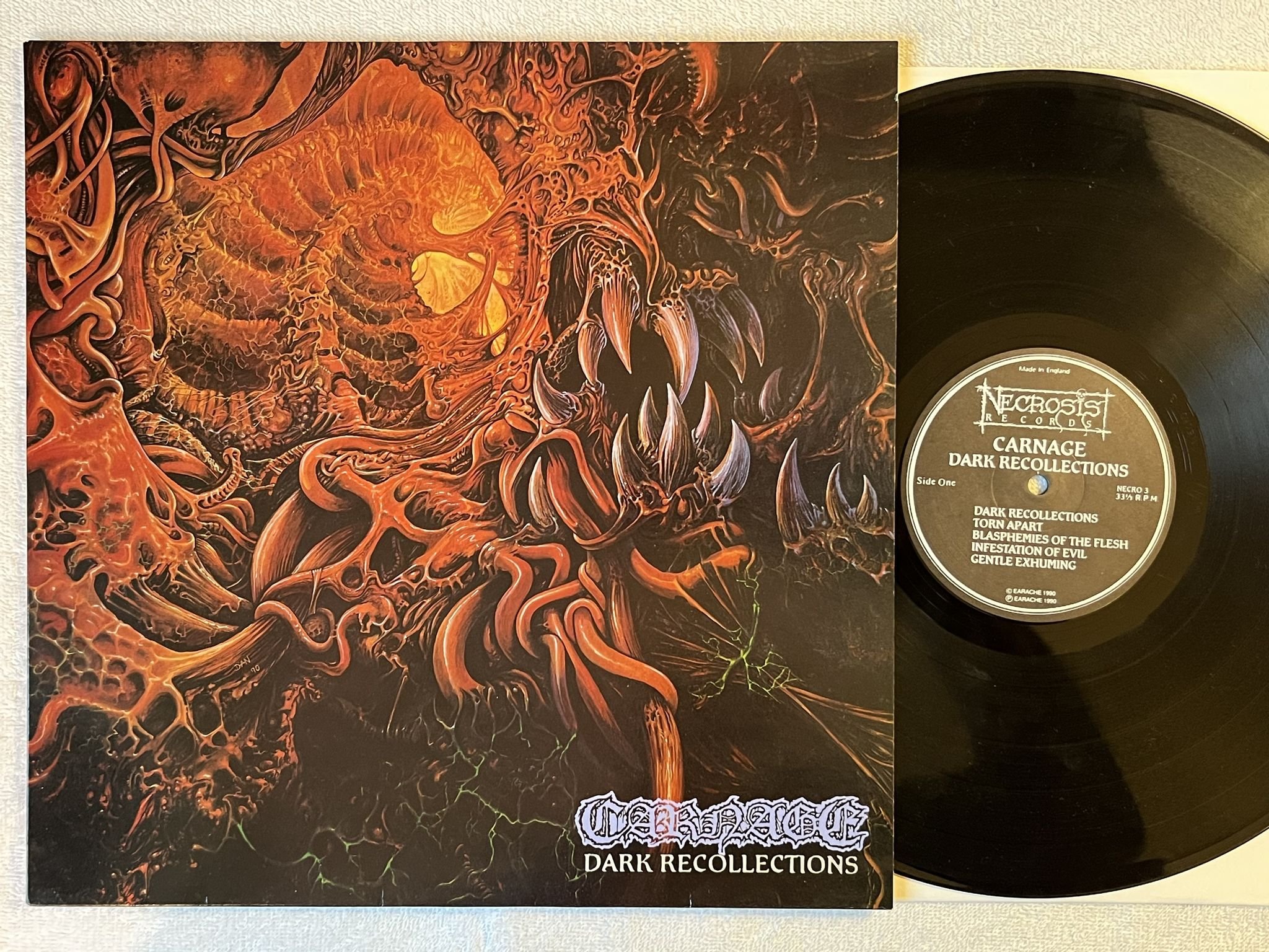 Omslagsbild för skivan CARNAGE Dark Recollections LP -90 UK NECROSIS NECRO-3 *** DEATH METAL ***