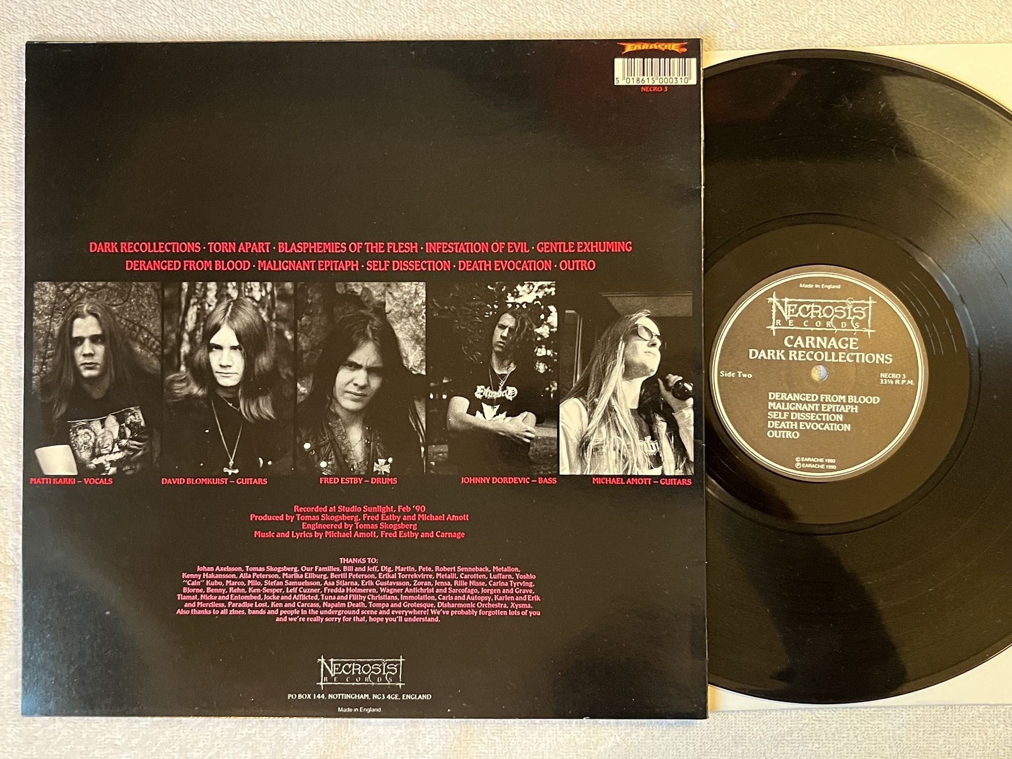 Omslagsbild för skivan CARNAGE Dark Recollections LP -90 UK NECROSIS NECRO-3 *** DEATH METAL ***